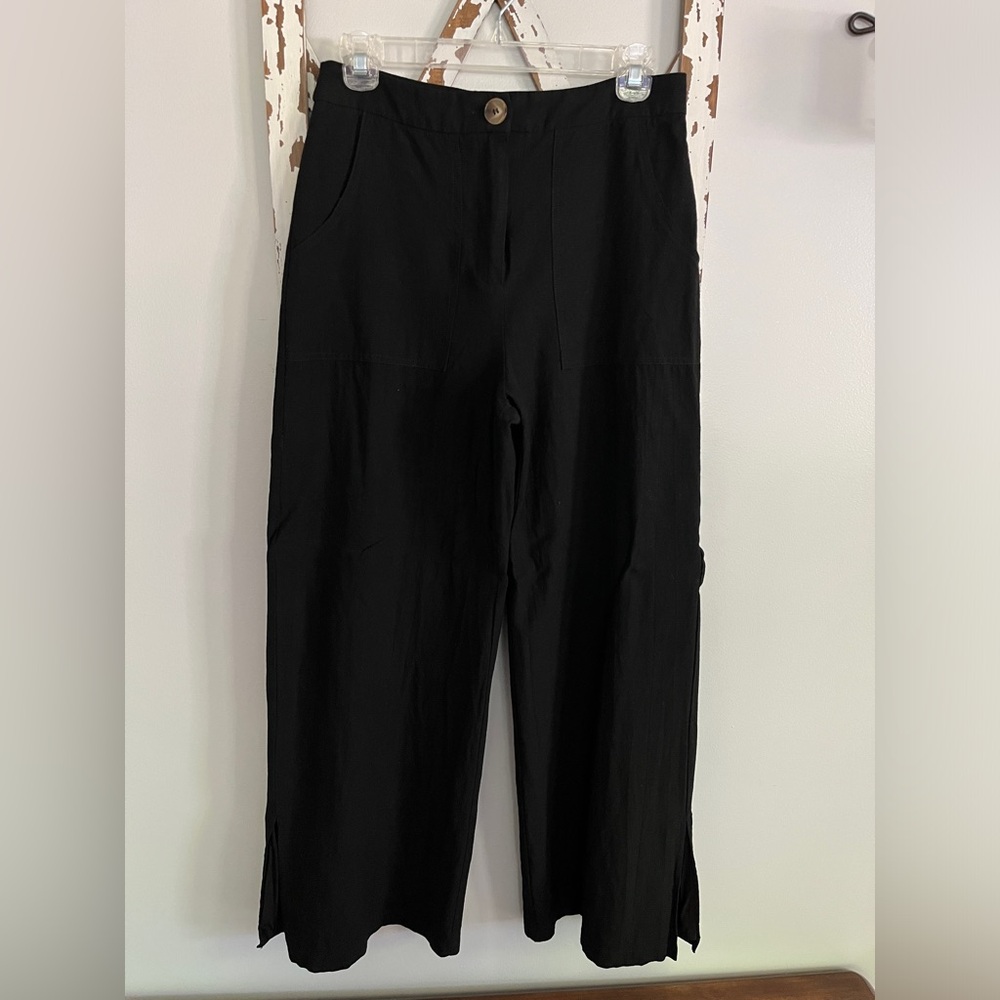 Lulus Wide Leg Linen Blend Black Pants Size Medium Cropped.